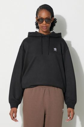 adidas Originals bluză Trefoil Hoodie femei, culoarea negru, cu glugă, cu imprimeu, IU2409