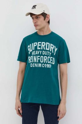 Superdry tricou din bumbac barbati, culoarea verde, cu imprimeu