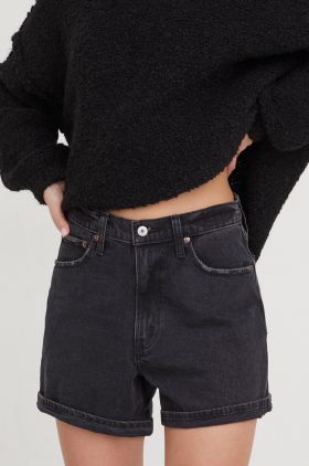 Abercrombie & Fitch pantaloni scurti jeans femei, culoarea negru, neted, high waist