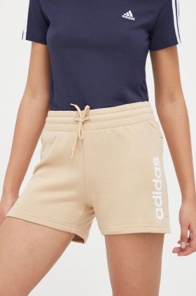 adidas pantaloni scurți din bumbac culoarea bej, cu imprimeu, high waist IS2079