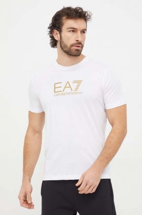 EA7 Emporio Armani tricou din bumbac barbati, culoarea alb, cu imprimeu