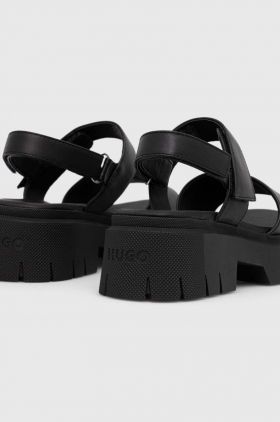 HUGO sandale de piele KrisSandal femei, culoarea negru, cu platforma, 50513525