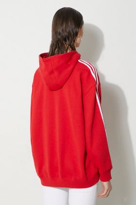 adidas Originals bluză 3-Stripes Hoodie OS femei, culoarea roșu, cu glugă, cu imprimeu, IN8397