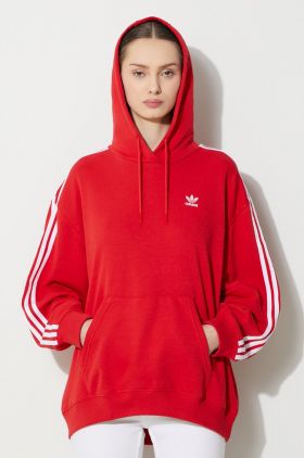 adidas Originals bluză 3-Stripes Hoodie OS femei, culoarea roșu, cu glugă, cu imprimeu, IN8397