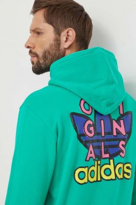 adidas Originals hanorac de bumbac bărbați, culoarea verde, cu glugă, cu imprimeu IM9685