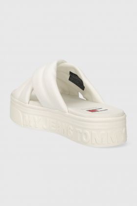 Tommy Jeans papuci TJW LETTERING FLATFORM SANDAL femei, culoarea alb, cu platforma, EN0EN02465