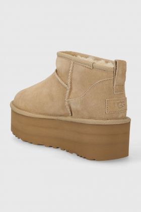 UGG cizme de zăpadă din piele întoarsă Classic Ultra Mini Platform culoarea bej, 1135092