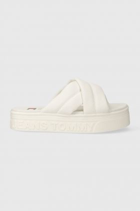 Tommy Jeans papuci TJW LETTERING FLATFORM SANDAL femei, culoarea alb, cu platforma, EN0EN02465