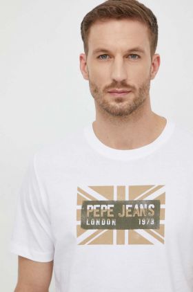 Pepe Jeans tricou din bumbac barbati, culoarea alb, cu imprimeu