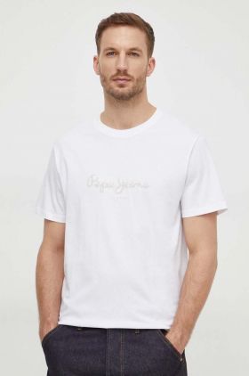 Pepe Jeans tricou din bumbac Chris barbati, culoarea alb, cu imprimeu