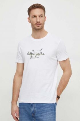 Pepe Jeans tricou din bumbac Count barbati, culoarea alb, cu imprimeu