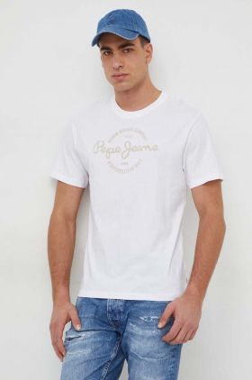 Pepe Jeans tricou din bumbac Craigton barbati, culoarea alb, cu imprimeu