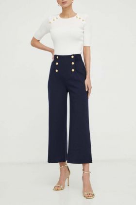 Luisa Spagnoli pantaloni de lana culoarea albastru marin, lat, high waist