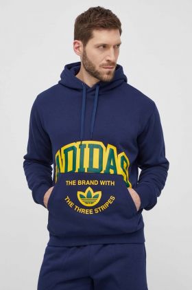 adidas Originals bluză bărbați, culoarea bleumarin, cu glugă, cu imprimeu  IS0235