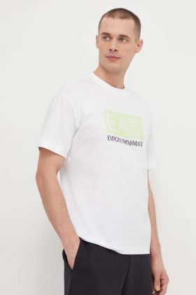 EA7 Emporio Armani tricou din bumbac barbati, culoarea alb, cu imprimeu