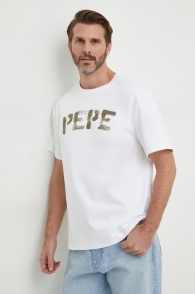 Pepe Jeans tricou din bumbac barbati, culoarea alb, cu imprimeu