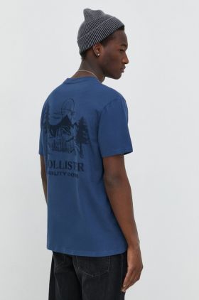 Hollister Co. tricou din bumbac barbati, culoarea albastru marin, cu imprimeu