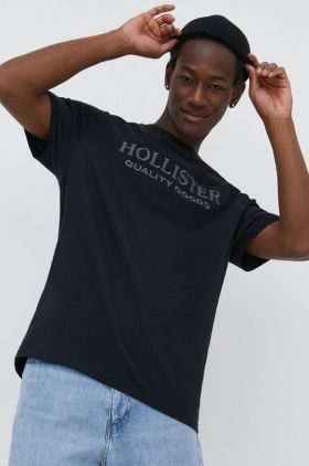 Hollister Co. tricou din bumbac barbati, culoarea negru, cu imprimeu