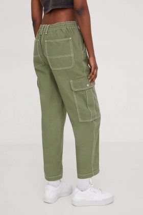 Vans pantaloni femei, culoarea verde, drept, high waist