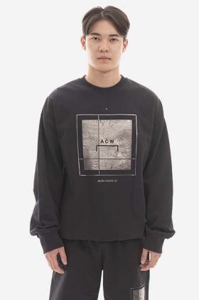 A-COLD-WALL* hanorac de bumbac Foil Grid Crewneck bărbați, culoarea negru, cu imprimeu ACWMW075.-BLACK