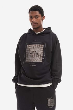 A-COLD-WALL* hanorac de bumbac Foil Grid Hoodie bărbați, culoarea negru, cu glugă, cu imprimeu ACWMW074.-BLACK