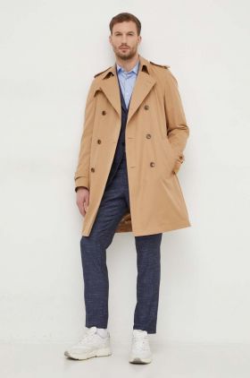 BOSS trench din bumbac culoarea bej, de tranziție, cu două rânduri nasturi 50509585