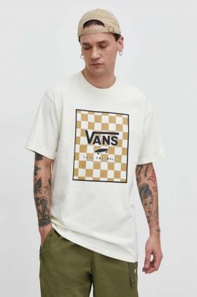 Vans tricou din bumbac barbati, culoarea bej, cu imprimeu