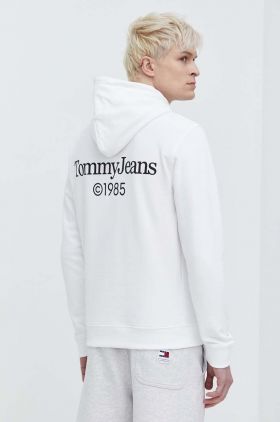 Tommy Jeans hanorac de bumbac bărbați, culoarea alb, cu glugă, imprimeu DM0DM18610