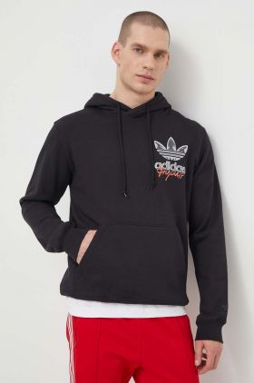 adidas Originals hanorac de bumbac bărbați, culoarea negru, cu glugă, cu imprimeu IM9678