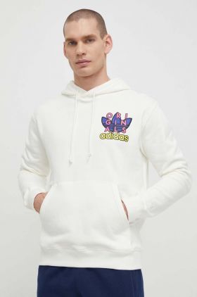 adidas Originals hanorac de bumbac bărbați, culoarea bej, cu glugă, cu imprimeu IS2916