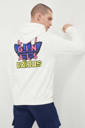 adidas Originals hanorac de bumbac bărbați, culoarea bej, cu glugă, cu imprimeu IS2916