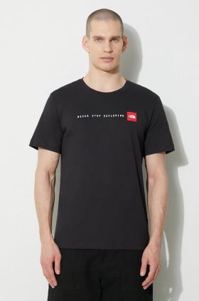 The North Face tricou din bumbac M S/S Never Stop Exploring Tee bărbați, culoarea negru, cu imprimeu, NF0A87NSJK31