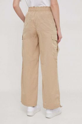 Sisley pantaloni femei, culoarea bej, drept, high waist