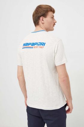 Napapijri tricou din bumbac barbati, culoarea bej, cu imprimeu