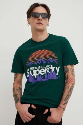 Superdry tricou din bumbac barbati, culoarea verde, cu imprimeu