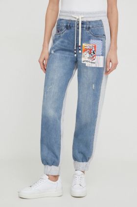 Desigual pantaloni x Disney femei, culoarea gri, high waist