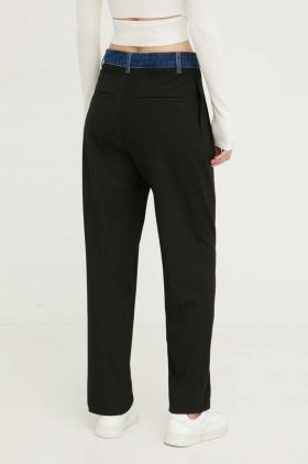 Desigual pantaloni femei, culoarea negru, drept, high waist