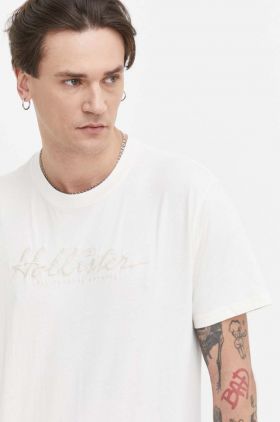 Hollister Co. tricou din bumbac barbati, culoarea bej, cu imprimeu