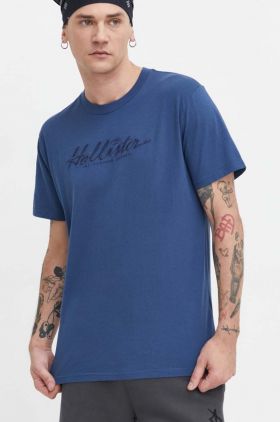 Hollister Co. tricou din bumbac barbati, culoarea albastru marin, cu imprimeu