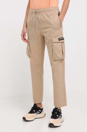 Napapijri pantaloni de bumbac culoarea bej, drept, high waist