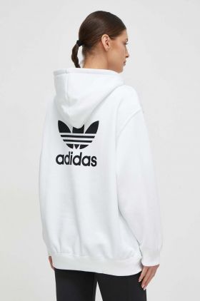 adidas Originals bluză femei, culoarea alb, cu glugă, cu imprimeu IP0586