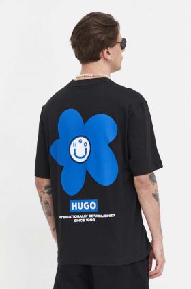 HUGO Blue tricou din bumbac bărbați, culoarea negru, cu imprimeu 50513214