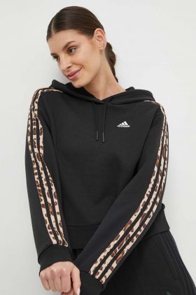 adidas hanorac de bumbac femei, culoarea negru, cu glugă, cu imprimeu  IR9313