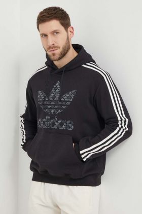 adidas Originals hanorac de bumbac bărbați, culoarea negru, cu glugă, cu imprimeu IS2933