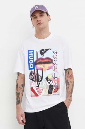 HUGO Blue tricou din bumbac bărbați, culoarea alb, cu imprimeu 50513316