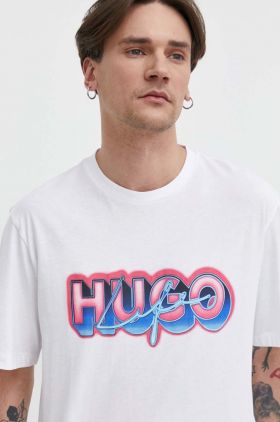 HUGO Blue tricou din bumbac bărbați, culoarea alb, cu imprimeu 50515278