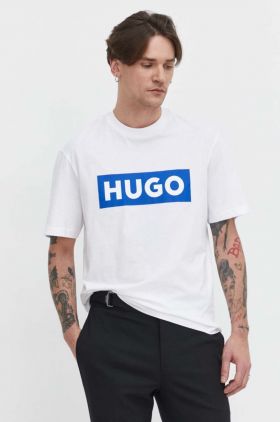 HUGO Blue tricou din bumbac bărbați, culoarea alb, cu imprimeu 50522376