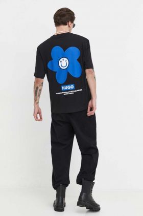 HUGO Blue tricou din bumbac bărbați, culoarea negru, cu imprimeu 50513214