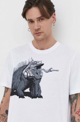 HUGO tricou din bumbac bărbați, culoarea alb, cu imprimeu 50513812