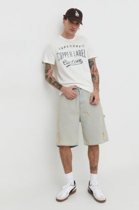 Superdry tricou din bumbac barbati, culoarea bej, cu imprimeu